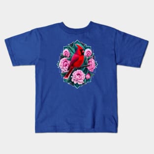 Cardinal Bird With Peony Flowers Indiana State Tattoo Art Kids T-Shirt